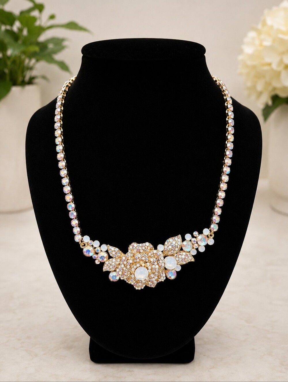 Vintage Gold-Tone Aurora Crystal Floral Statement Necklace – New Old Stock